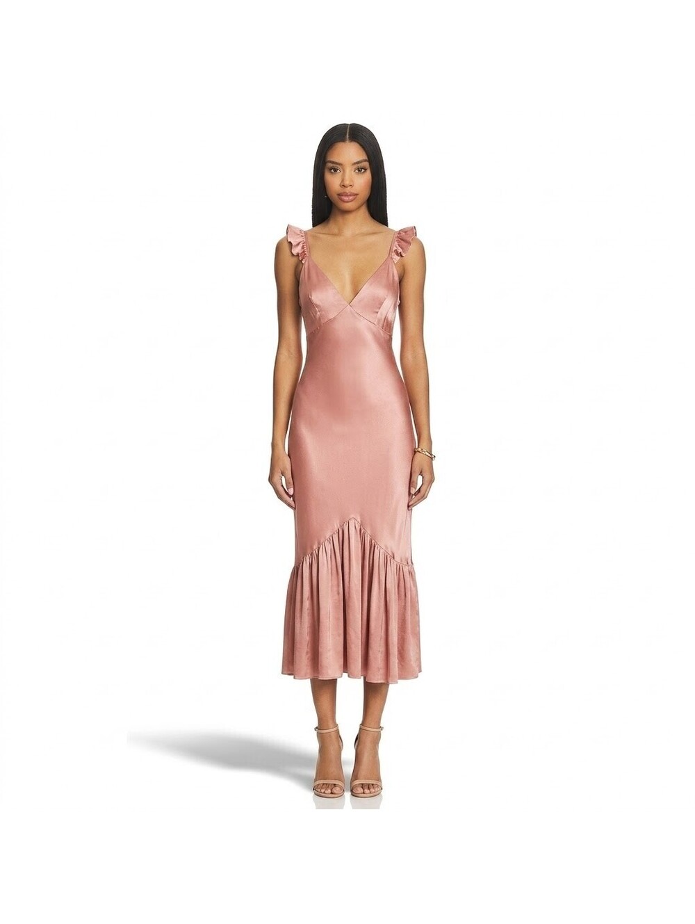 Saylor Rose Gold Satin Ruffle Midi Dress Size XS